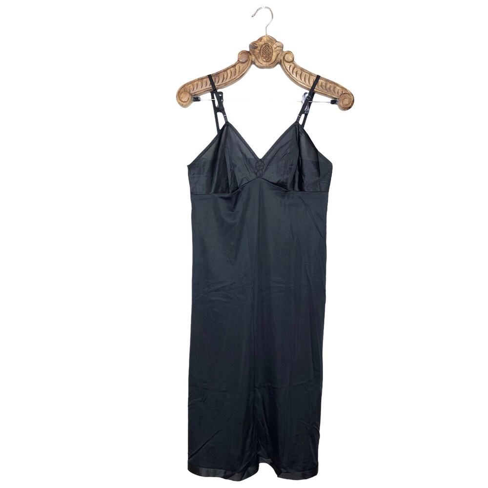 Vanity Fair Vintage Slip Black 1970s Midi Length Embroidered Flower V Neck 36 TT